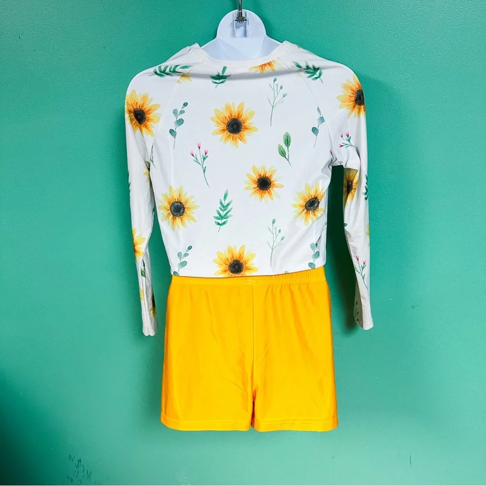NWOT Pixie Girl 2-Piece Long Sleeve & Shorts Sunflower Rashguard Swimsuit 14/16